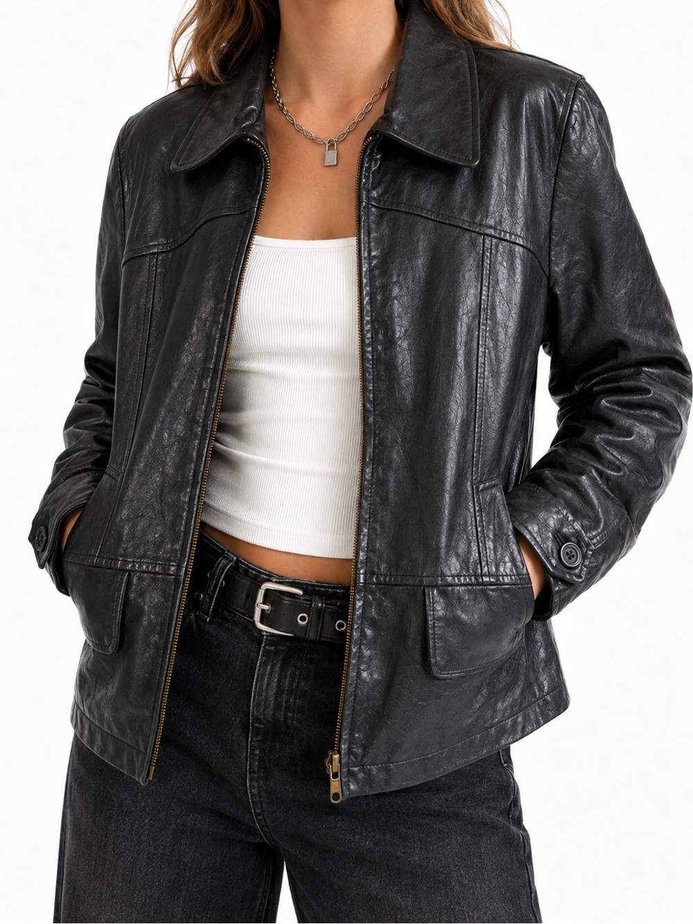 Vintage GUESS Genuine Leather Jacket Black 90s Y2K Moto Rocker Medium